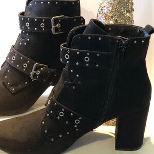 Black Suede Ankle Boots with Silver Buckle Detailing